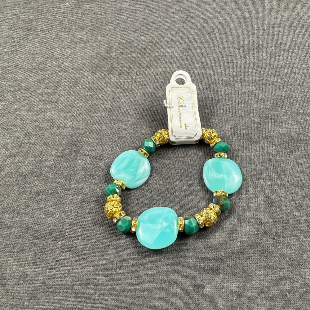 Turquoise Beaded Stretch Bracelet‎ Gold Tone Accents Handmade Style